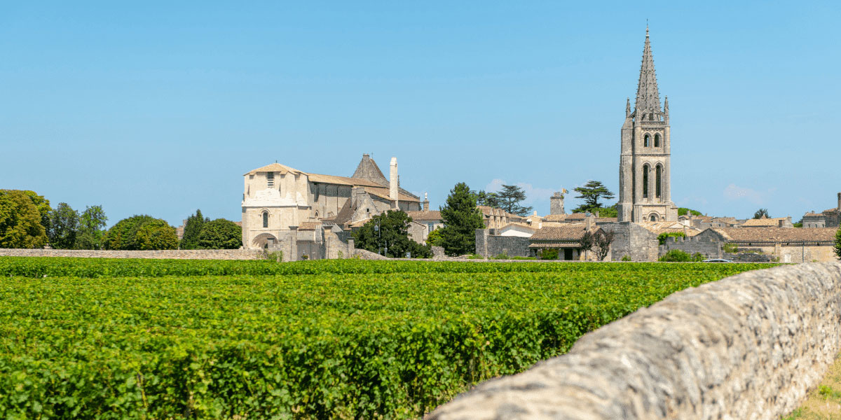 The medieval village of Saint-Émilion seen from the surrounding vineyards