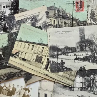 Collection de cartes postales anciennes de Talence et Bordeaux montrant des bâtiments, des églises, des jardins publics et des scènes de vie quotidienne du début du XXe siècle, avec timbres et tampons postaux.