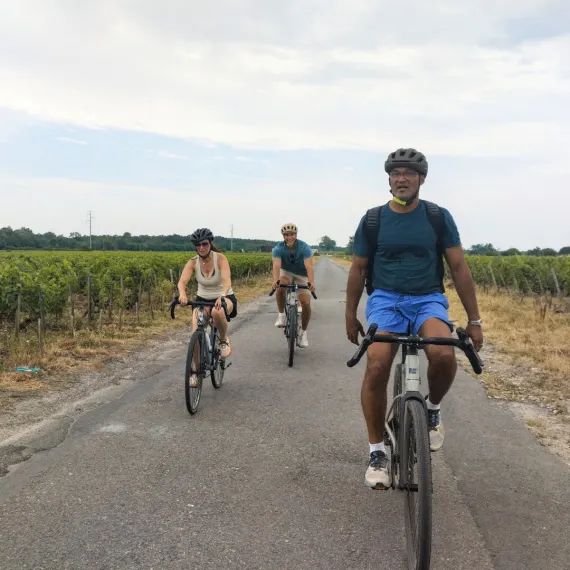 Trois cyclistes à vélo traversent les vignobles de Bordeaux sur une route entourée de vignes.