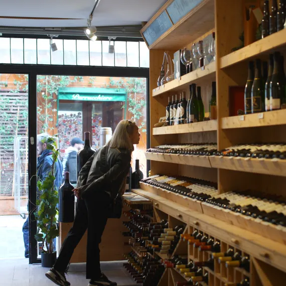Observation des bouteilles proposées à la cave à vin