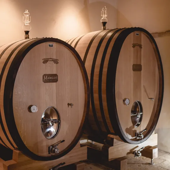 Barriques en bois utilisées pour l élevage des vins dans un chai de Saint-Emilion.