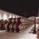 Rangées de barriques dans un chai viticole.